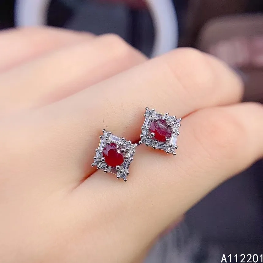 

Fine Jewelry 925 Sterling Silver Inset With Natural Gemstones Women's Popular Fashion Square Ruby Earrings Ear Stud Support Dete