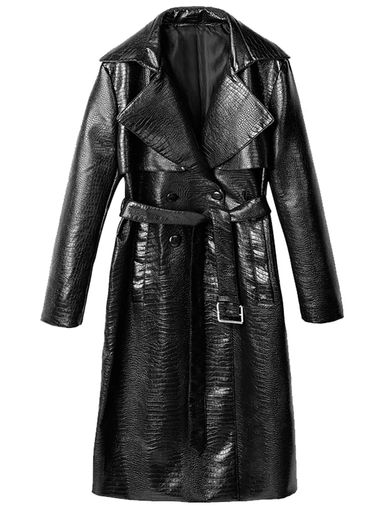 Nerazzurri Long Black Shiny Crocodile Print Patent Leather Trench Coat for Women Long Sleeve Belt Fall Red Faux Leather Coats