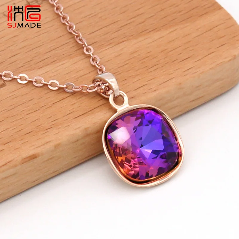 SHENJIANG New Trendy Square Crystal Pendant Necklace For Women Girls 585 Rose Gold Color Wedding Party Fashion Jewelry