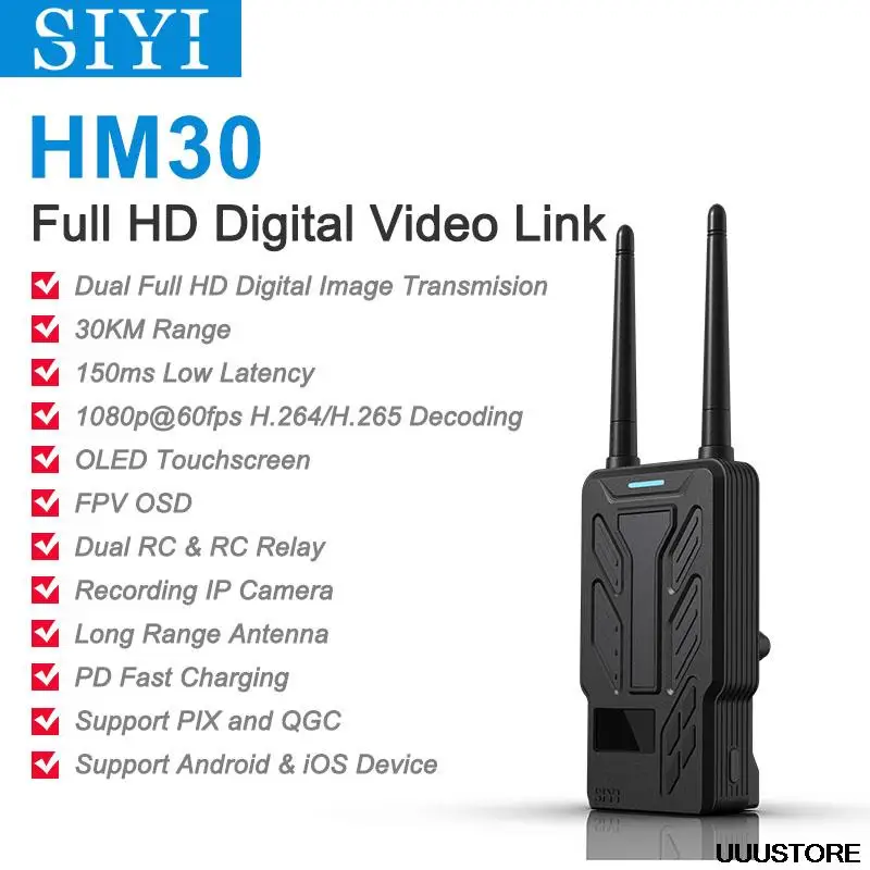 

30KM SIYI HM30 Full HD Digital Video Link Radio System Transmitter Remote Control OLED Touchscreen 1080p 60fps 150ms FPV OSD