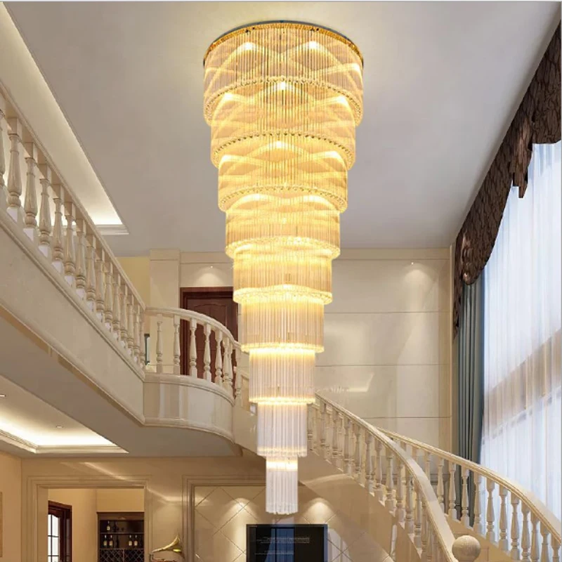 Staircase Crystal Chandeliers Lighting Long Villa Hallway Chain Large Home Decor Stainless Steel Ceiling Chandelier Modern Lamp