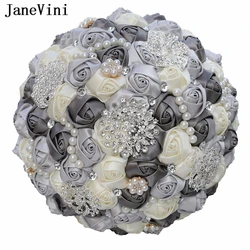 JaneVini Silver Gray 30cm Pearl Wedding Bouquet Ivory Satin Roses Artificial Flowers Crystal Bridal Brooch Bouquets Accessories