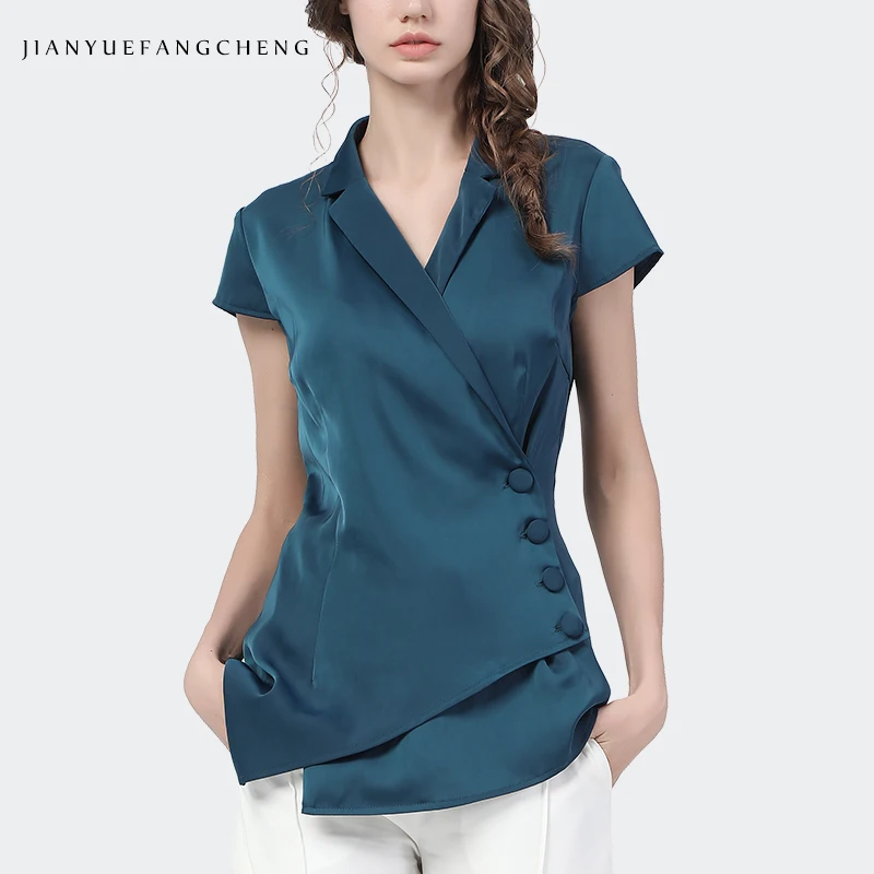 Satin Women' Shirt 2022 Summer Short Sleeve V-Neck Button-Down Tops Elegant Slim Solid Vintage Casual Office Ladies Blouses