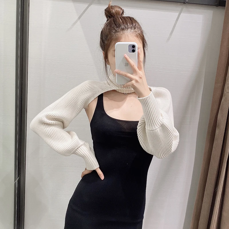 

Women 2022 Fashion Arm Warmers Cropped Cable Knitted Sweater Vintage High Neck Long Sleeve Female Pullovers Chic Tops