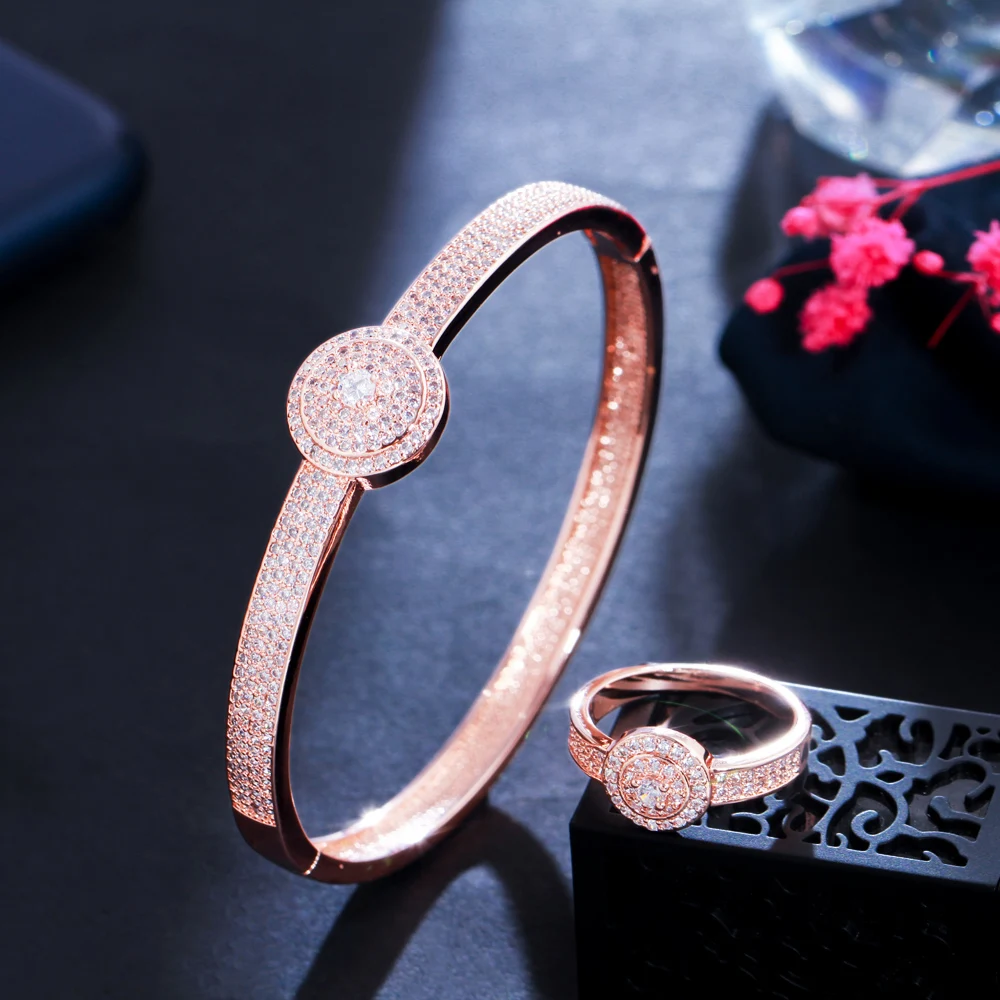 CWWZircons African Cubic Zirconia Round Open Cuff Rose Gold Plated Wedding Bracelet Bangle and Ring Jewelry Set for Women T558