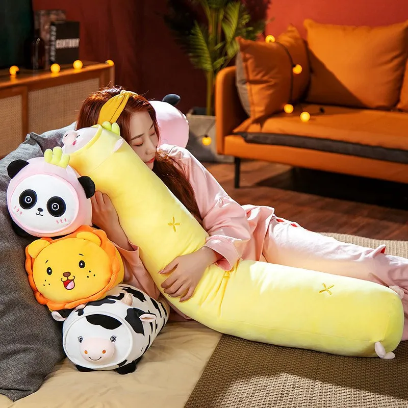 

110cm Animals Lion Panda Pig Cow Plush Long Pillow Soft Stuffed Cartoon Sleeping Cushion Toys Doll Kids Birthday Christmas Gift