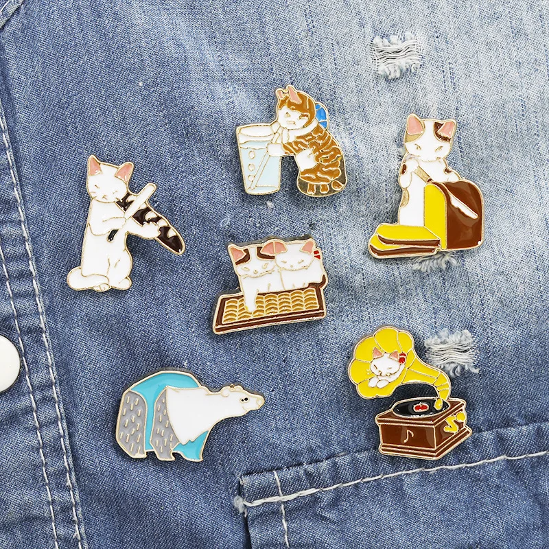 Adorable Cartoon Animals Jewelry Cute Cats Music Band Have a Rest Drinking Playing Enamel Pin Brooch Bag Clothes Lapel Pin