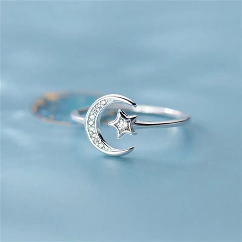 PANJBJ 925 Sterling Silver Minimalist Zircon Moon Star Opening Ring For Charming Women Party Luxury Fine Jewelry Cute GiftPANJBJ