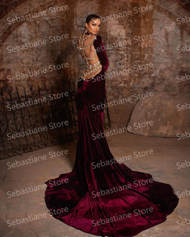 Luxury Crystals Back Evening Dresses With Long Train   Velvet High Split High Neck Long Sleeves Mermaid   Ruffles Prom Gown