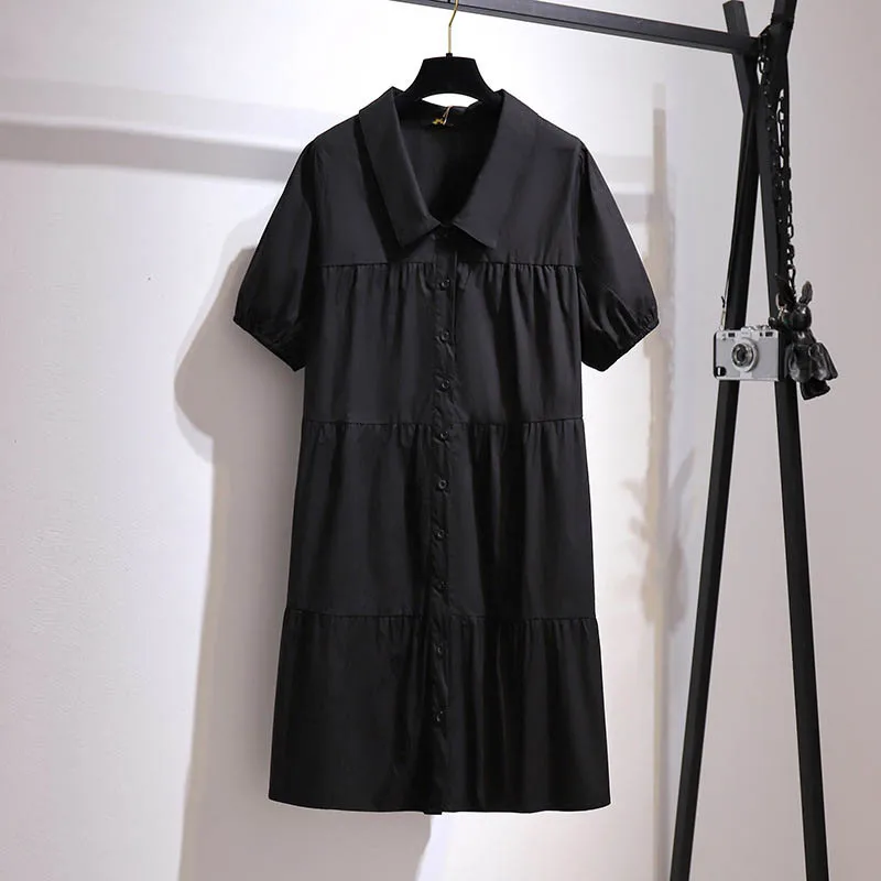 150Kg Plus Size Women\'s Summer Loose Cotton Short Sleeve A-Line Dress Bust 152cm 5XL 6XL 7XL 8XL 9XL Lapel Button Dress Black