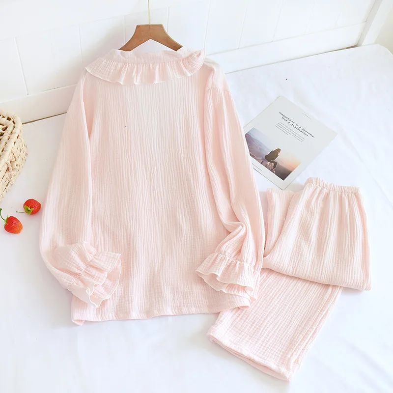 Pajamas Women 100%Cotton Solid White Pink Three Sleeve Japan Kimono Ladies Pyjamas Set Loose Comfy Two Piece Autumn Home Wear