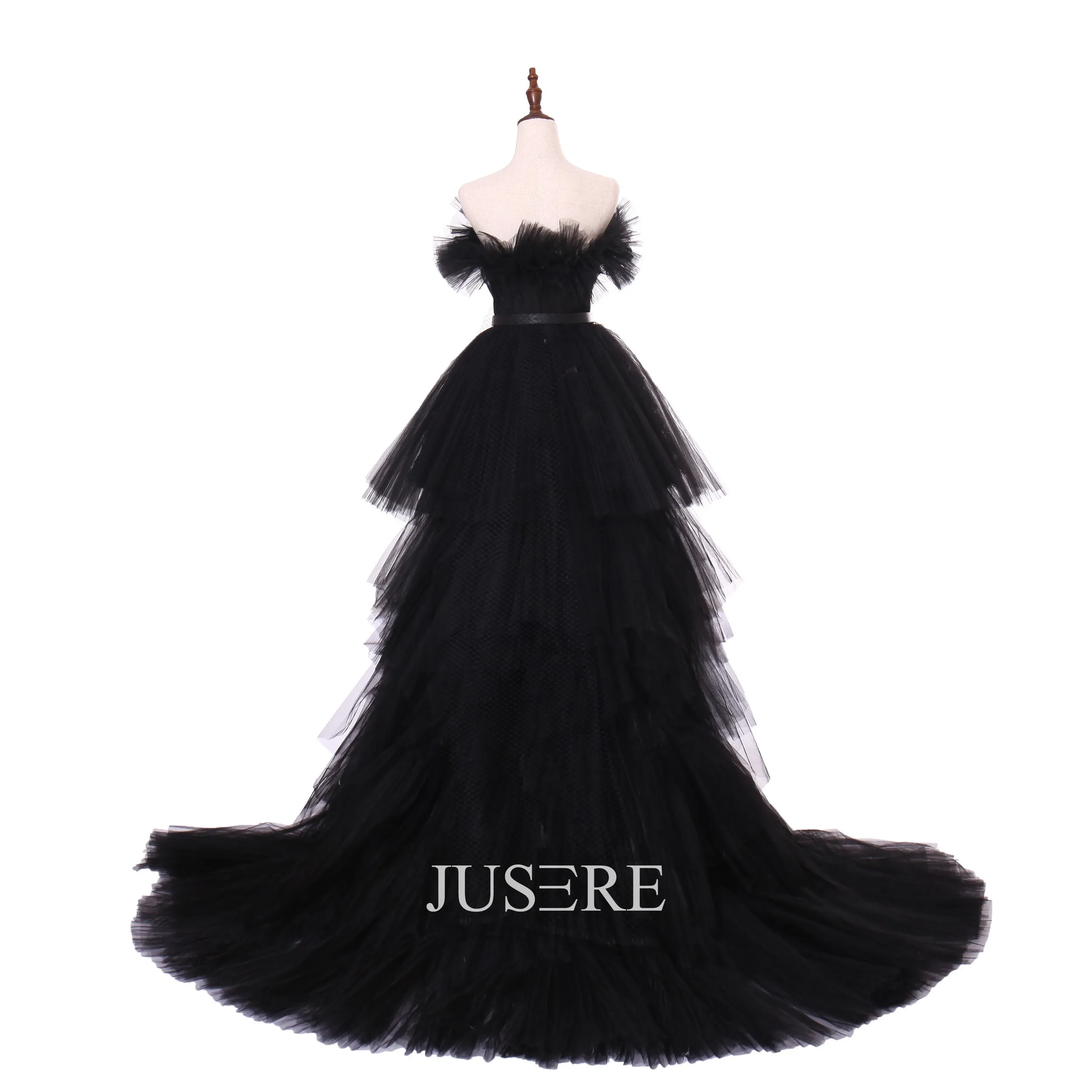 Strapless black  Evening Dress Tulle Party dress with Sweep Train A-line Ruffle part dress Sleeveless evening gown