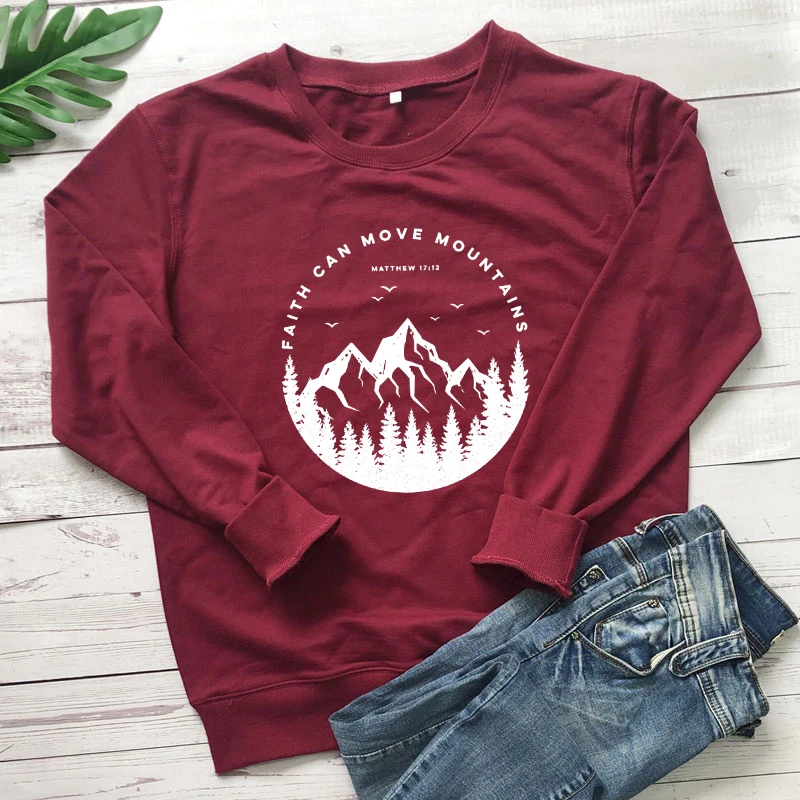 100% Cotton Faith Can Move Mountains Sweatshirt Vintage Women Christian Bible Verse Sweatshirt Aesthetic Jumper Camping Pullover