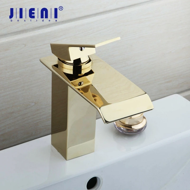 JIENI Luxury Golden Plated Bathroom Basin Sink Mixer Tap Faucet Solid Brass Mixer Waterfall Tap Bathroom Sink Mixer Faucet