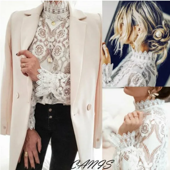 blouses women casual Female Shirt Lace Floral Mock Neck Long Sleeve Blouse Base Shirt Tops for Women White blusas y camisas