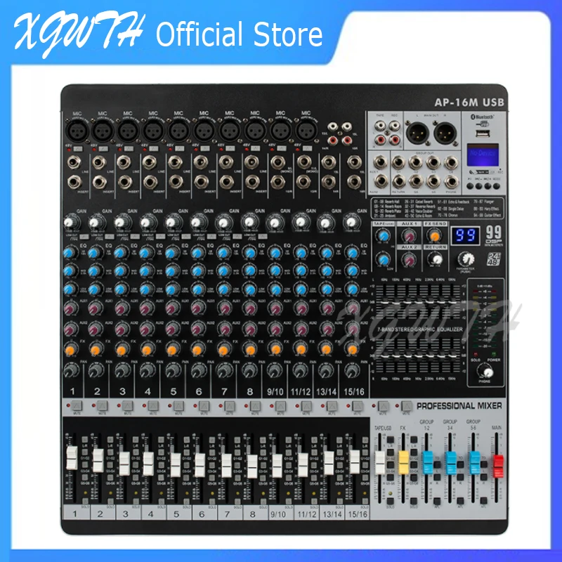 

16 Channel Audio Mixer Sound Mixing Console with Bluetooth USB 7-Band Equalizer 99 DSP Digital Effect 48V Studio DJ Equipment