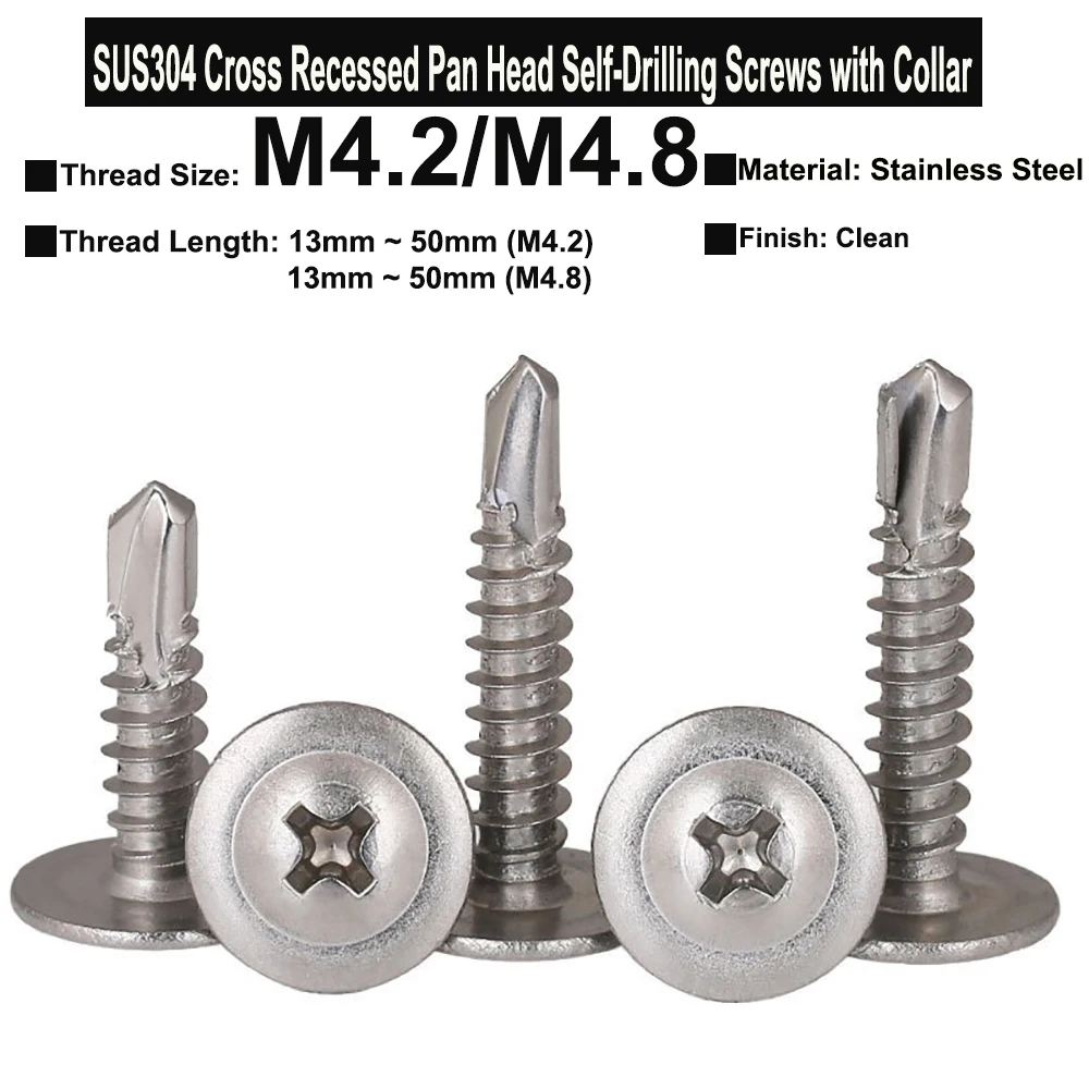 Yiqianyuan 20Pcs/10Pcs M4.2 M4.8 SUS304 Stainless Steel Phillips Cross Recessed Pan Head Self-Drilling Tapping Screw with Collar
