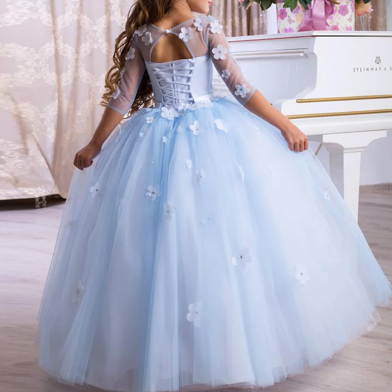 2024 Vintage Flower Girl Dresses Children Baptism Clothes With 3/4 Long Sleeves Ball Gowns Birthday Party Dress Pageant Dresses