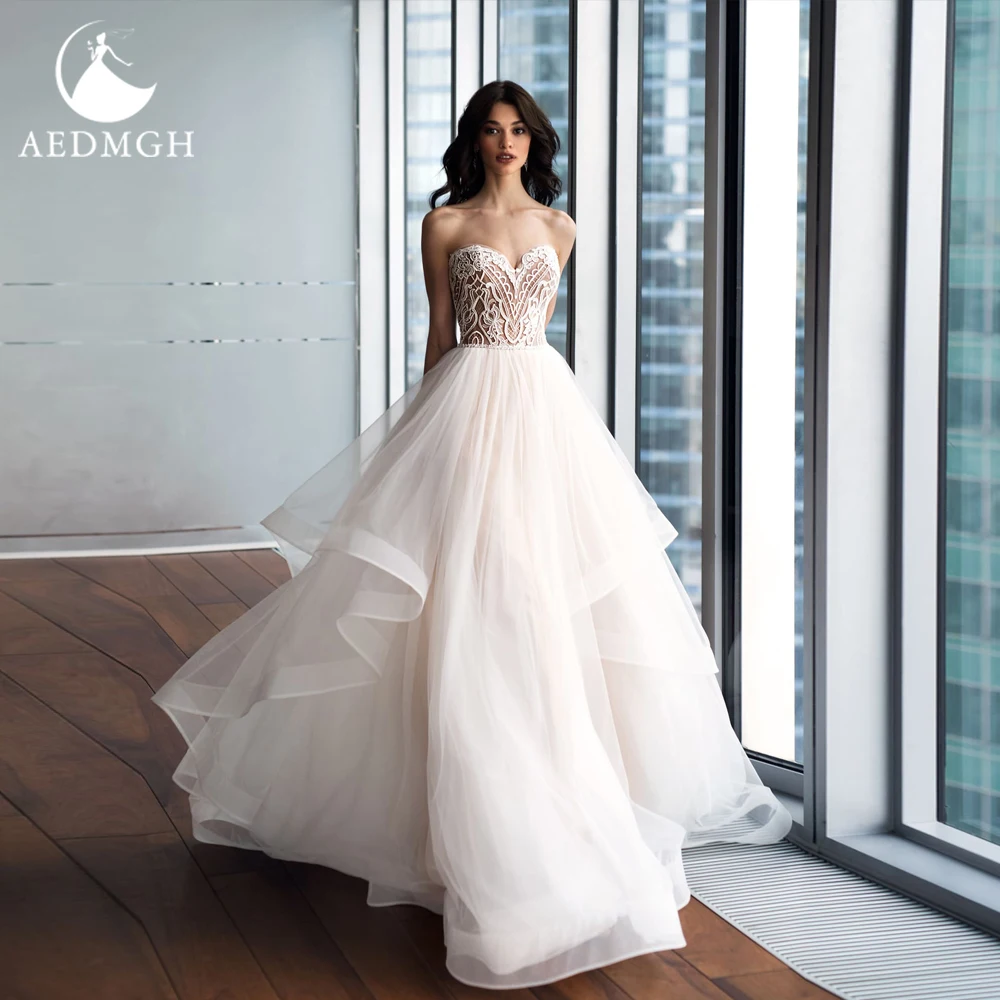 Aedmgh A-Line Ruffles Wedding Dresses Strapless Court Train Vestido De Novia Appliques Lace up Beach Custom Made Bridal Gown