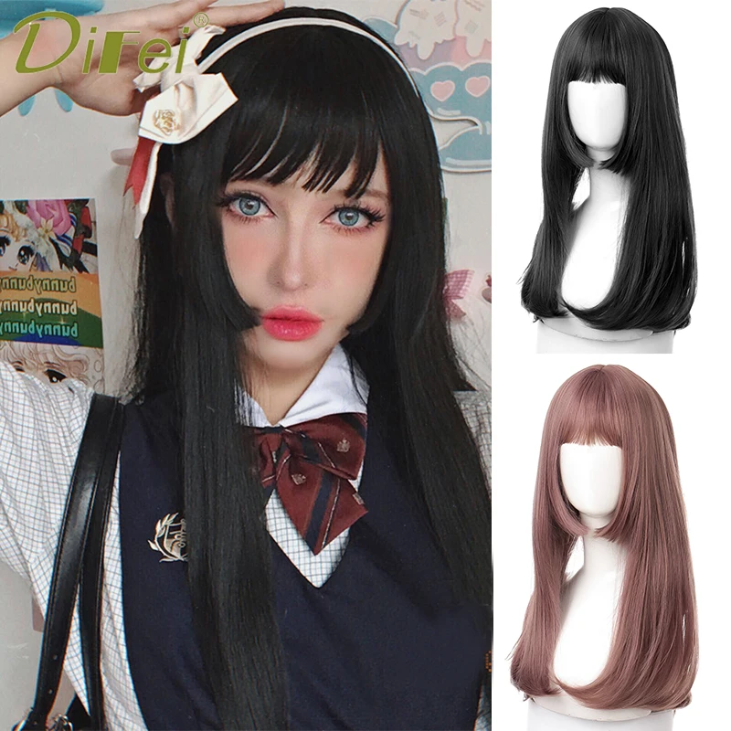 DIFEI Synthetic Long Straight Lolita Wig Pink Black Cute Female Heat Resistant Band Bangs Wig Anime Fake Hair