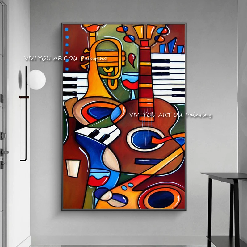 

100% Handmade Abstract piano guitar musical instruments oil painting Modern Original Wall Art for Living Room Home Decoration