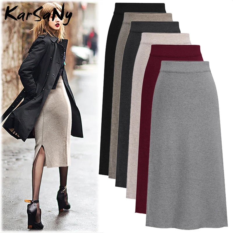 KarSaNy Autumn Winter Knit Pencil Skirt Women High Waist Skirts Womens Knited Split Midi Skirt For Women Autumn 6XL