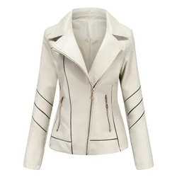 Chaqueta corta de cuero Pu para mujer, cuello vuelto cosido, ajustado, manga larga, cremallera, bolsillo, Tops, moda de motocicleta, F256