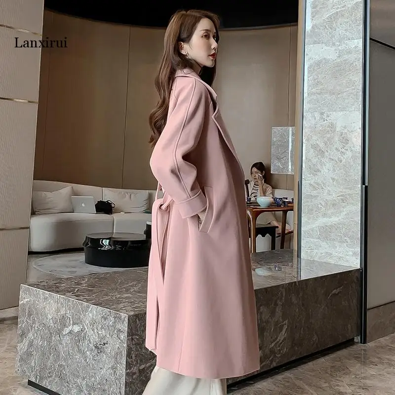 Solid Blends Wool Winter Long Coat Women Korean Turn-down Thicken Warm Woolen Coats  Female Elegant Lantern Sleeve Jacket