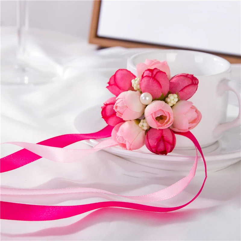 Fleurs artificielles de poignet de Rose, fleurs de main de demoiselle d'honneur de mariée avec ruban, accessoires de décoration de fête de Banquet de mariage, vente en gros