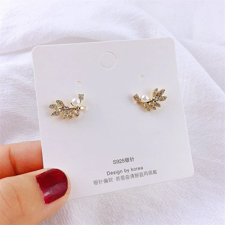 GRACE JUN Korean Style Leaf Clip on Earrings for Women Girl High Quality Rhinestone Pearl Gold Color Fake Piercing Cuff Earrings