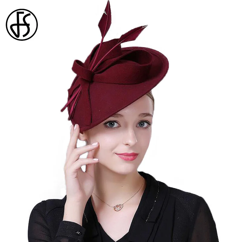 Eleganckie filcowe fascynatory z wełny dla kobiet, czarne, czerwone, niebieskie, na wesele, formalne okazje, do kościoła, na derby, na przyjęcie herbaciane, kapelusz do sukienki z piórem. — zdjęcie 2