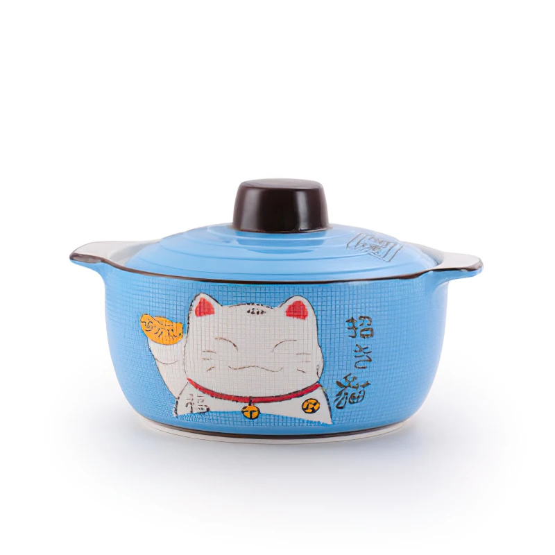 Ceramic Casserole Japanese Cartoon Lucky Cat Green Blue Round 9 Inch Soup Bowl with Lid Household Kitchen Supplies Tableware