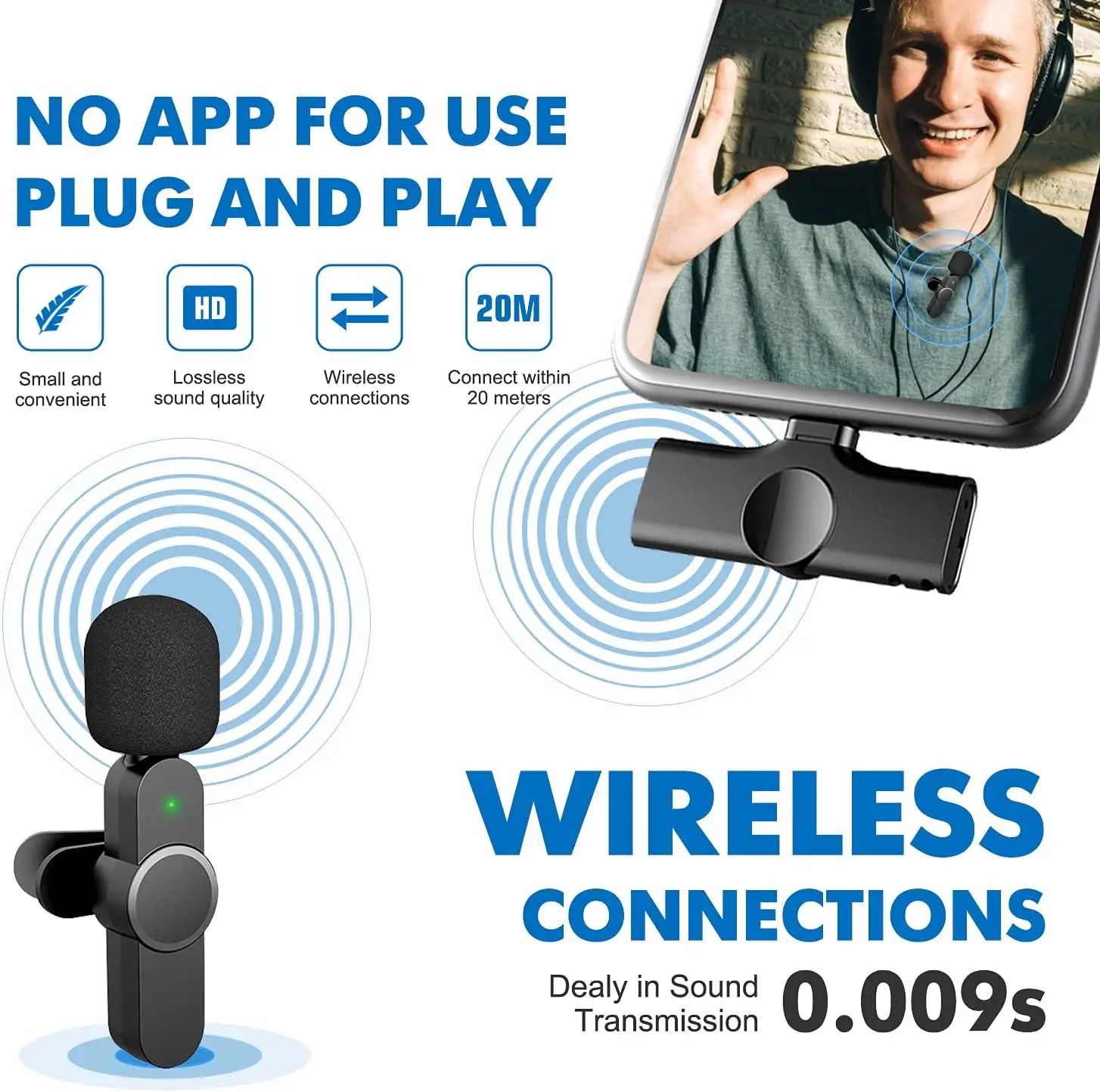 التوصيل اللعب UHF اللاسلكية Lavalier نظام الميكروفون للبث المباشر ، Vlog ، هيئة التصنيع العسكري للهواتف USB-C Andriod ، (لا حاجة App/بلوتوث)