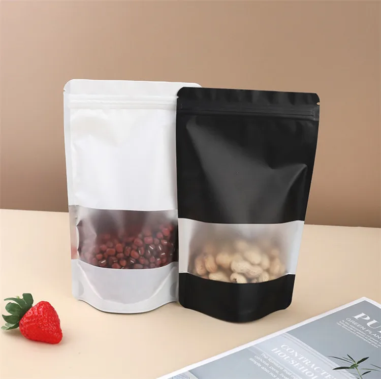 100pcs Stand Up Aluminum Foil Window Ziplock Packaging Bag Resealable Xmas Snack Candy Sugar Tea Beaf Dates Nuts Storage Pouches