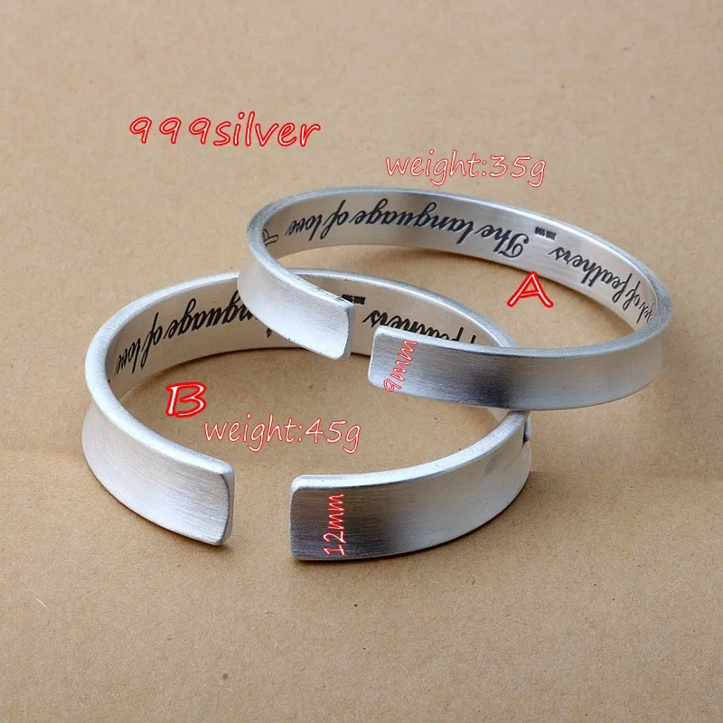 999 pure silver bracelets for men and women retro matte brushed feather couple sterling silver bracelets