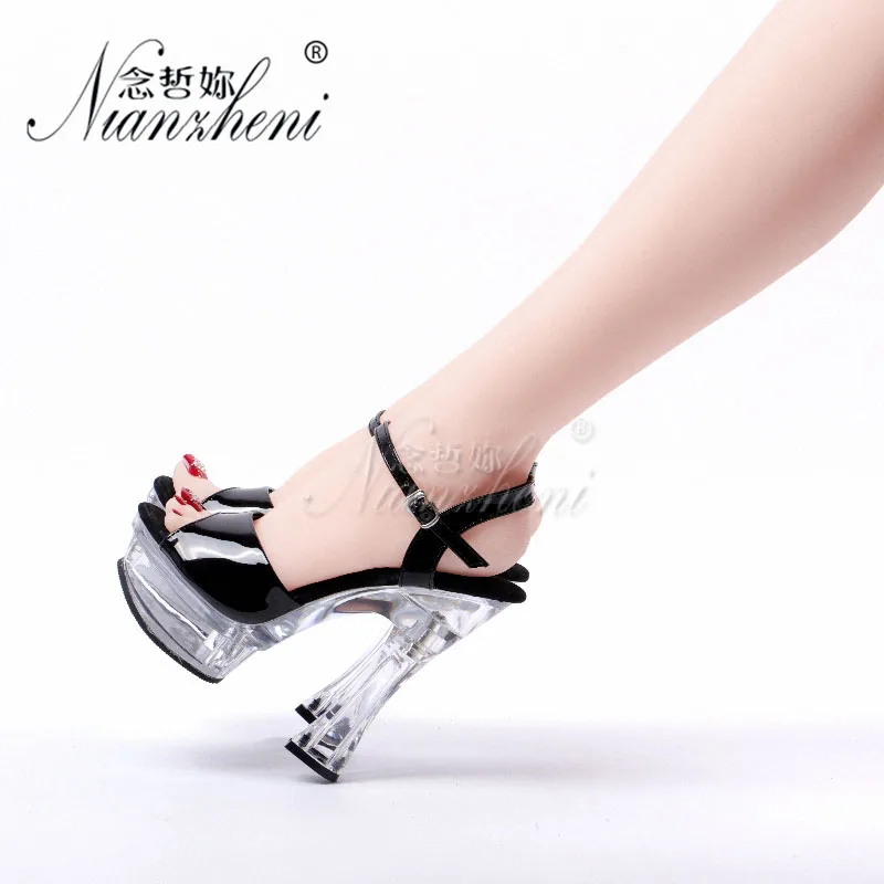 14CM Platform Sandals Concise Shallow Elegant Sexy High Stripper 5 Inch High Heels  square Crystal Pole Dance Shoes Exotic club