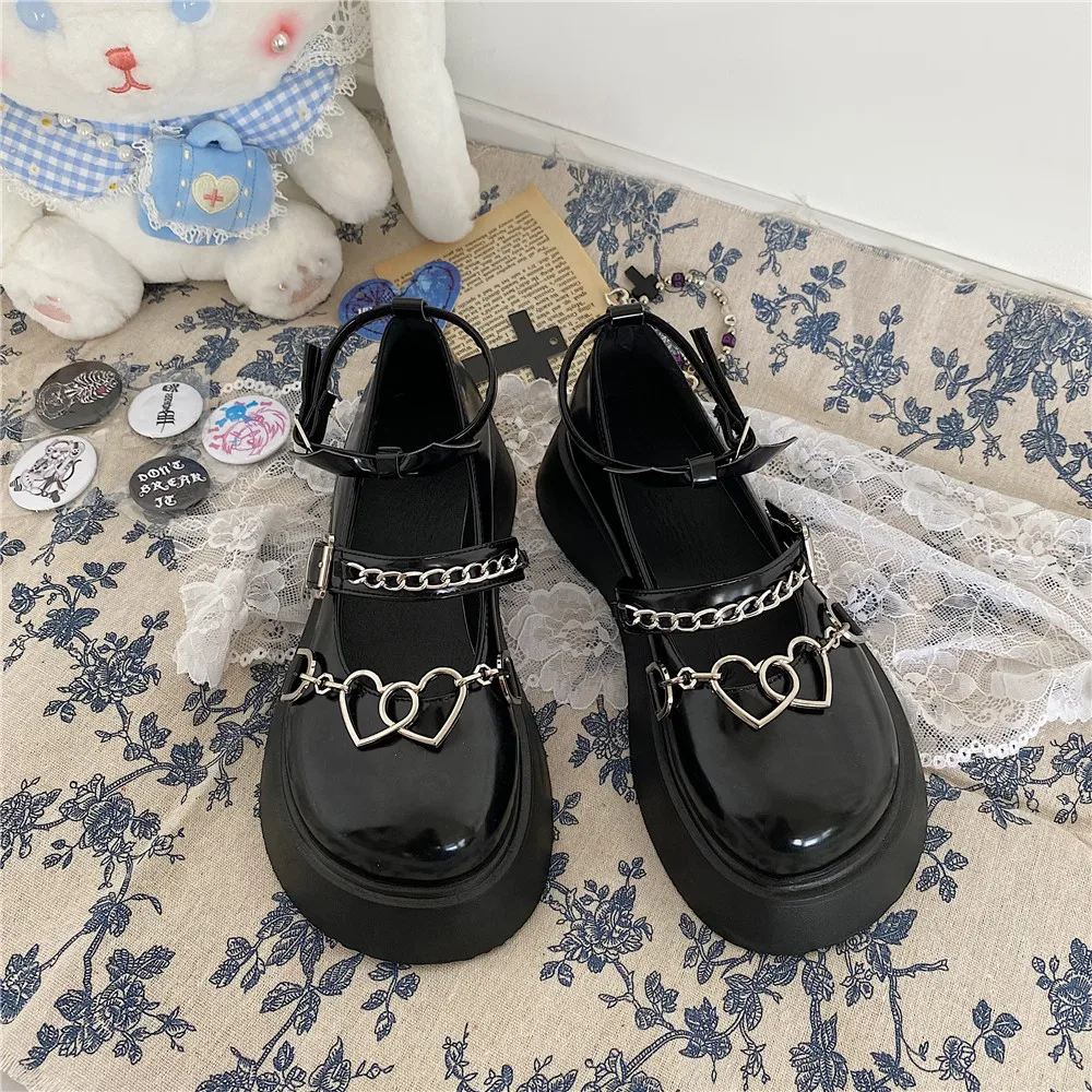 Japanese Mary Jane Summer Lolita Shoes Love Chain Punk Gothic Black College School Girls Cosplay Anime Round Toe Platform Female