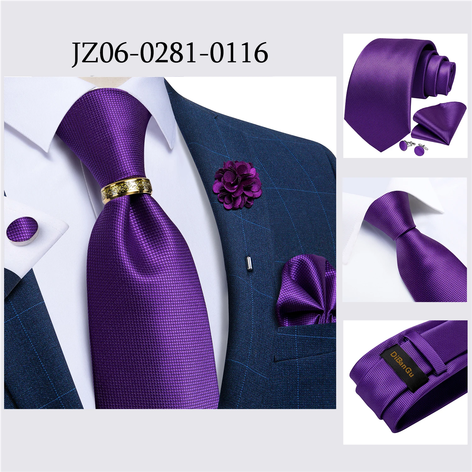 Handgefertigte Paisley-Blumen-Krawatte in Königsblau für Herren, klassische 8 cm breite gewebte Jacquard-Krawatte mit Einstecktuch, Manschettenknöpfen und Brosche – Detail 28