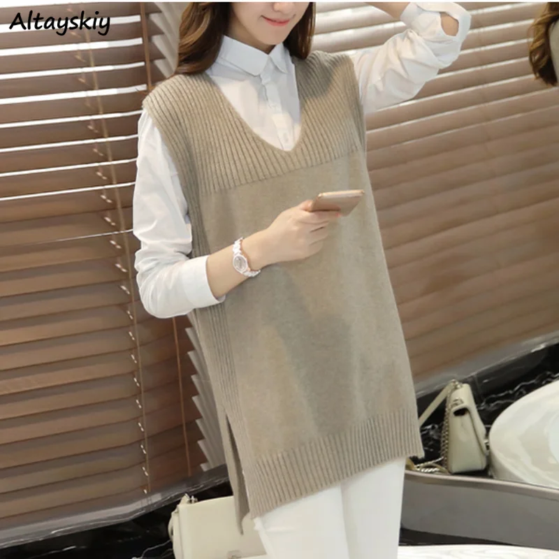 Sweater Vests Women Patchwork Solid Side-slit V-neck Sleeveless Female Casual Simple Fashion Pullover Knitted Leisure Loose Chic