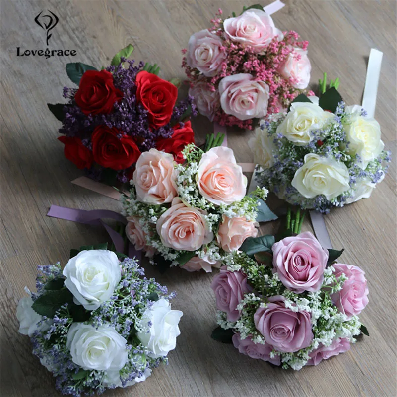 Lovegrace Bride Rose Bouquet Wedding Supplies Bridesmaid Rose Baby\'s Breath Bouquet Flower Arrangement DIY Home Party Prom Decor