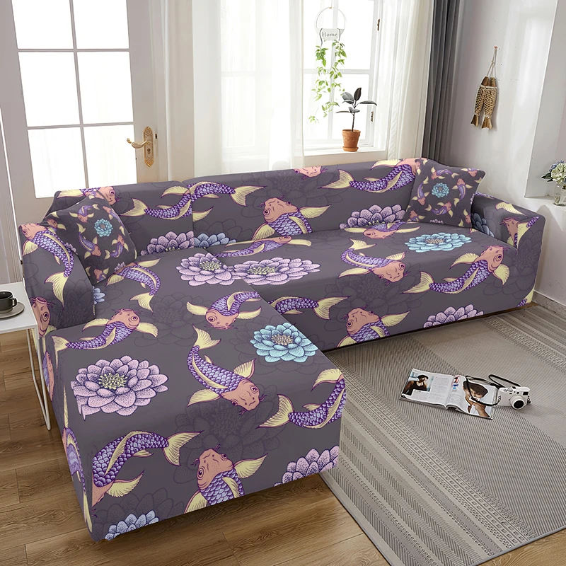 Super Stretch Slipcover For Living Room Fish Printed Couch Cover Furniture Protector Loveseat L Shape Non Slip Sofa Covers