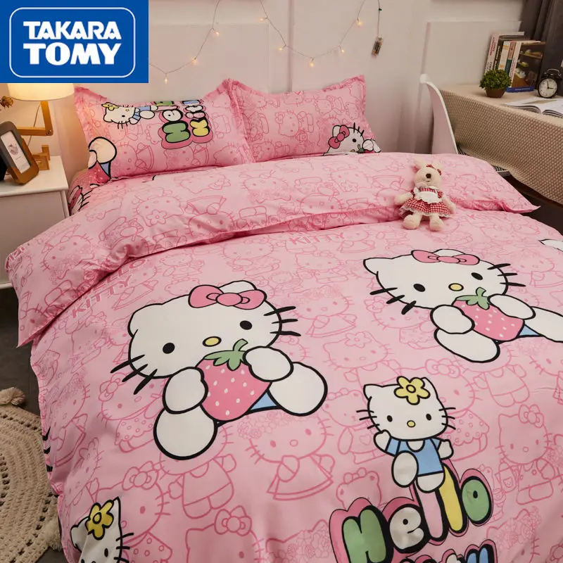 

TAKARA TOMY Cute cartoon Hello Kitty four-piece simple and comfortable washed quilt cover bed linen