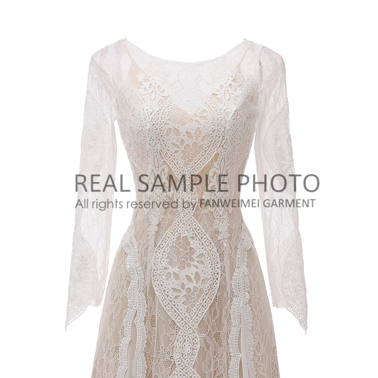 Factory Price 100 % Real Sample Photo Long Sleeve Backless O-Neck Lace Boho Bohemian  Beach Wedding Dress Bridal Gown