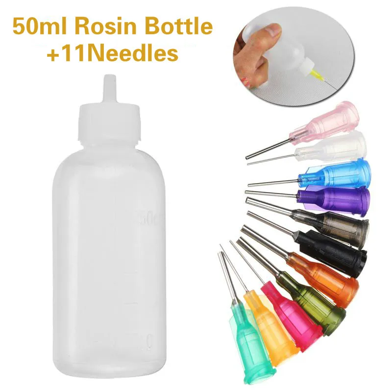 1/5pcs  50ml  transparent polyethylene needle dispenser rosin solder paste dispensing bottle and 11-pin tool