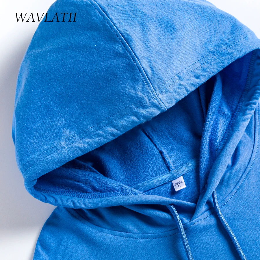 WAVLATII New Women Cotton Terry Hoodies Lady Casual Hooded Sweatshirts Female Blue Green Tops WH2101