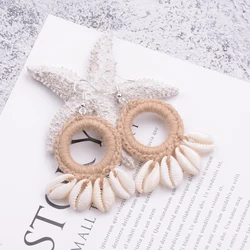 1Pair/2Pcs Fashion Boho Beach Shell Crochet Earrings Large Circle Shell Tassel Dangle Drop Earrings For Women Wedding Accessorie