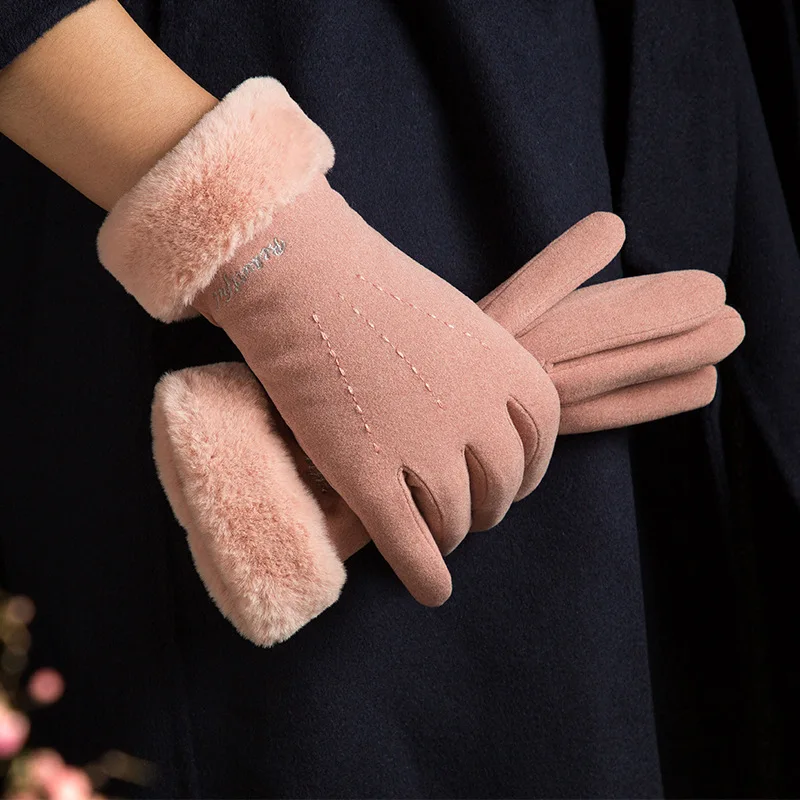 

Winter Female Lace Warm Cashmere Flower Letter Embroidery Mittens Double Thick Plush Wrist Women Touch Screen Driving Gloves J99