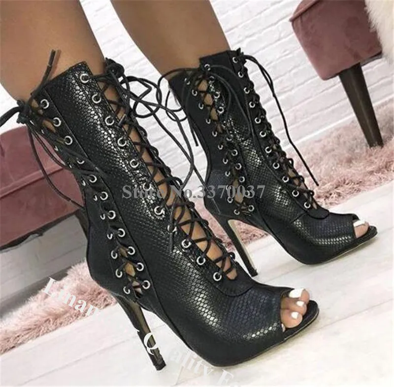 New Fashion Women Peep Toe Suede Leather Stiletto Heel Short Gladiator Boots Cut-out Green Black Lace-up High Heel Boots Heels