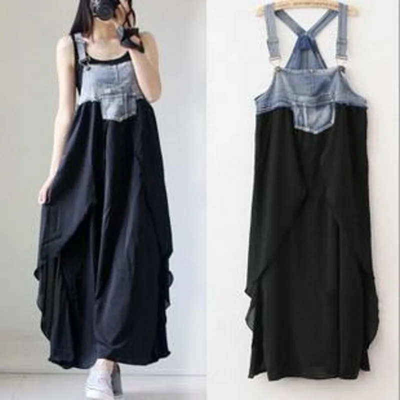 2023 new Women Summer Braces Dress Denim Chiffon Patchwork Maxi Dress Asymmetrical Bottom High Waist Loose Casual Beach Dress