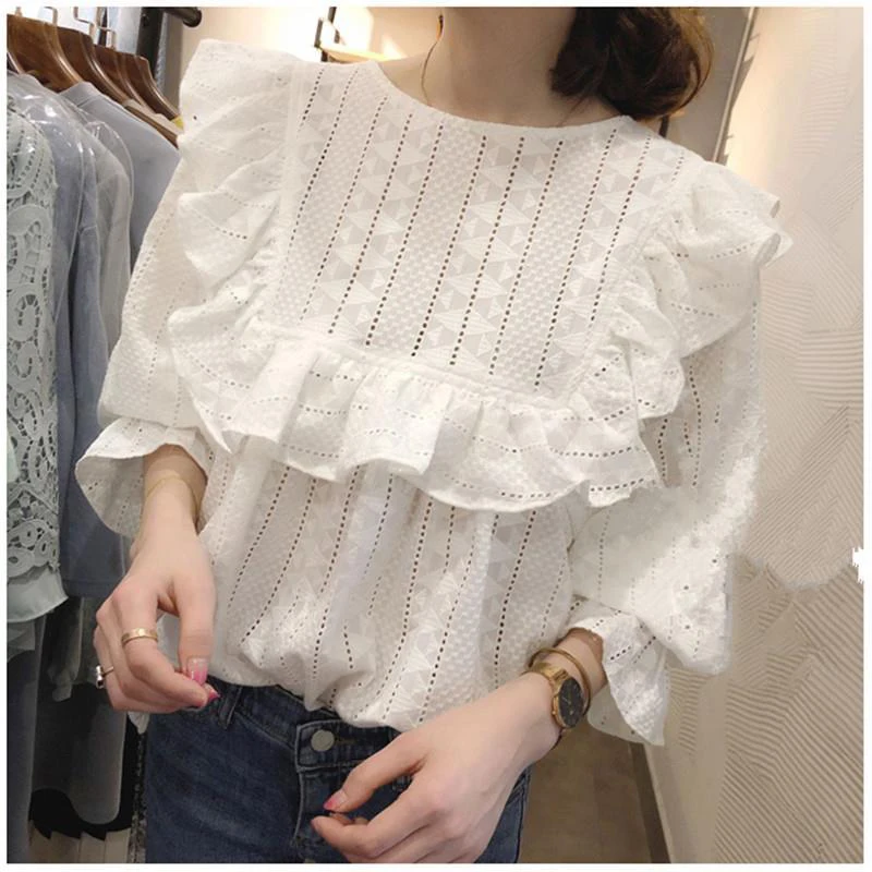 New Arrival Spring Summer Womens Tops And Blouses Hollow Out Embroidery Loose Shirt Ruffles White Sweet Lace Blouse D315